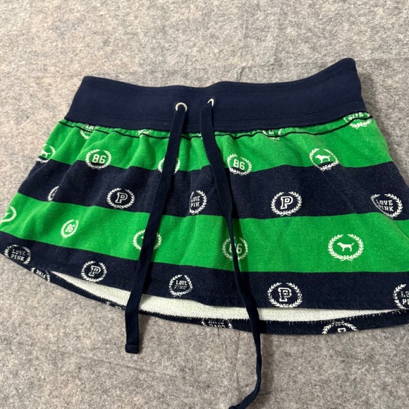 PINK Victoria's Secret Dresses & Skirts - Vintage Y2K Victoria's Secret PINK Mini Skirt XS Green Navy Striped 86' Logo